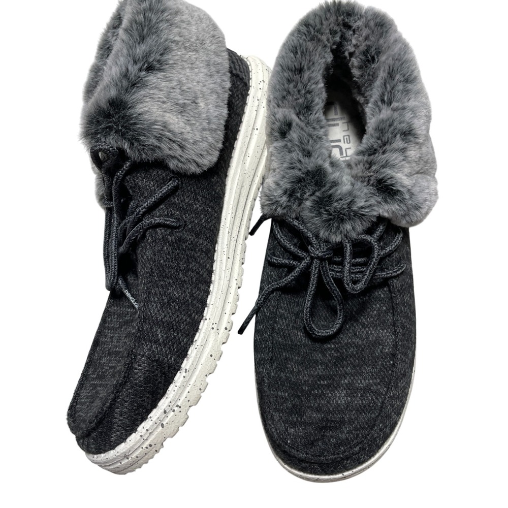 Hey Dude Women's Britt/Wnedy Fold Shoes Charcoal Textiel Upper Faux Fur Foldable
